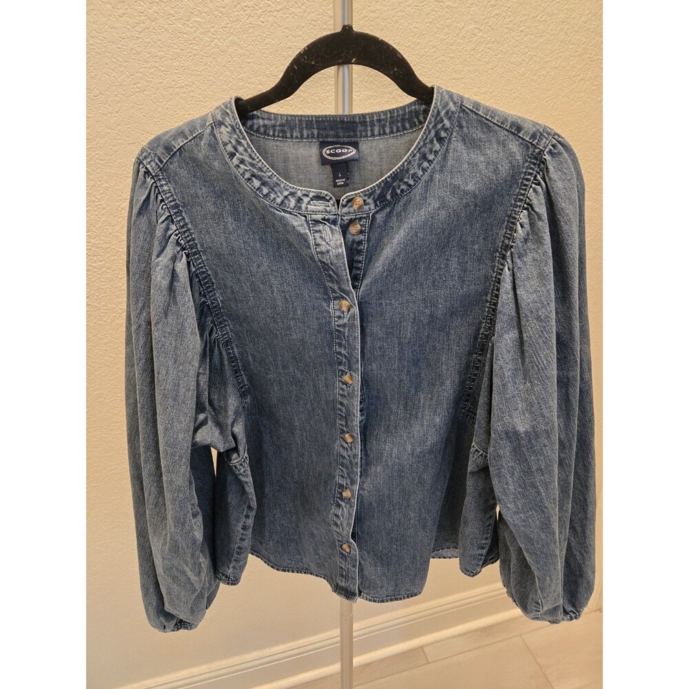Scoop NYC Y2K Denim Puff Sleeve Button Up Blouse Collarless L Vintage Balloon